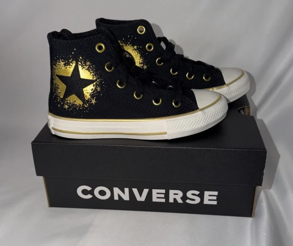 NIB Kids Size 11 Converse ALL STAR Black With Gold Star High Top Gold & Black